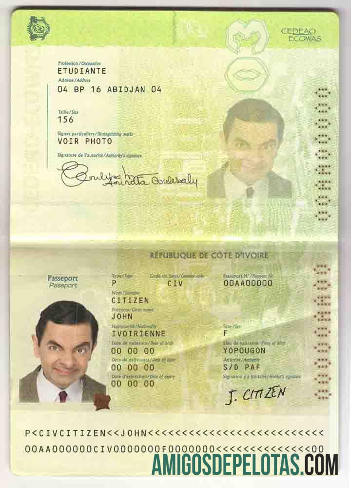 Passaporte da Costa do Marfim exemplo